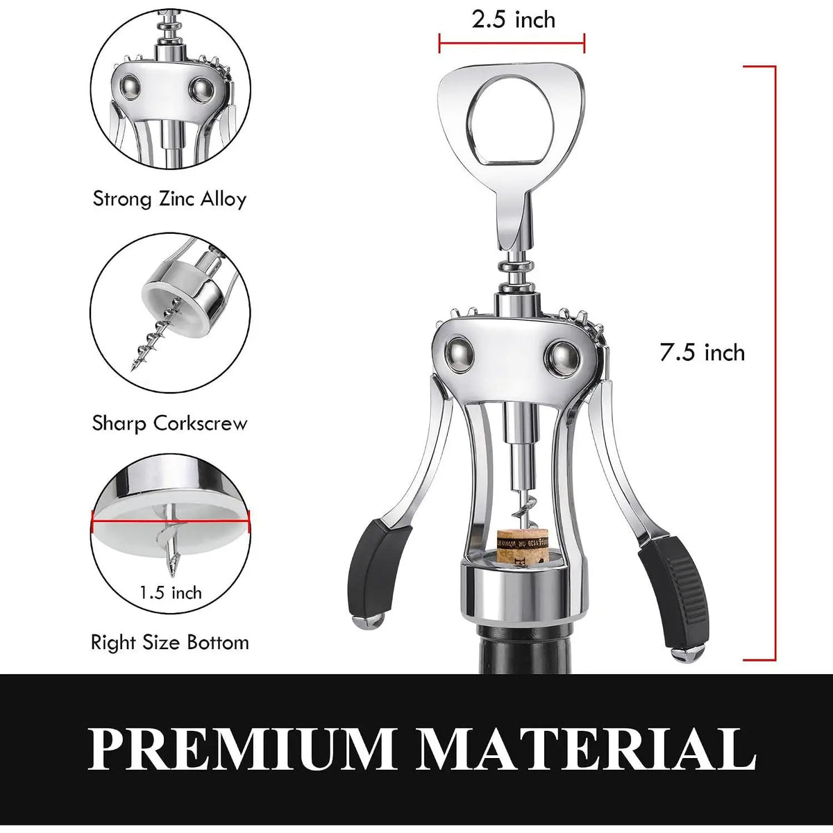 Heavy-Duty Zinc Alloy Wing Corkscrew - Multifunctional Bottle Opener with Handle and Screw