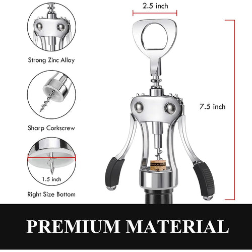Heavy-Duty Zinc Alloy Wing Corkscrew - Multifunctional Bottle Opener with Handle and Screw