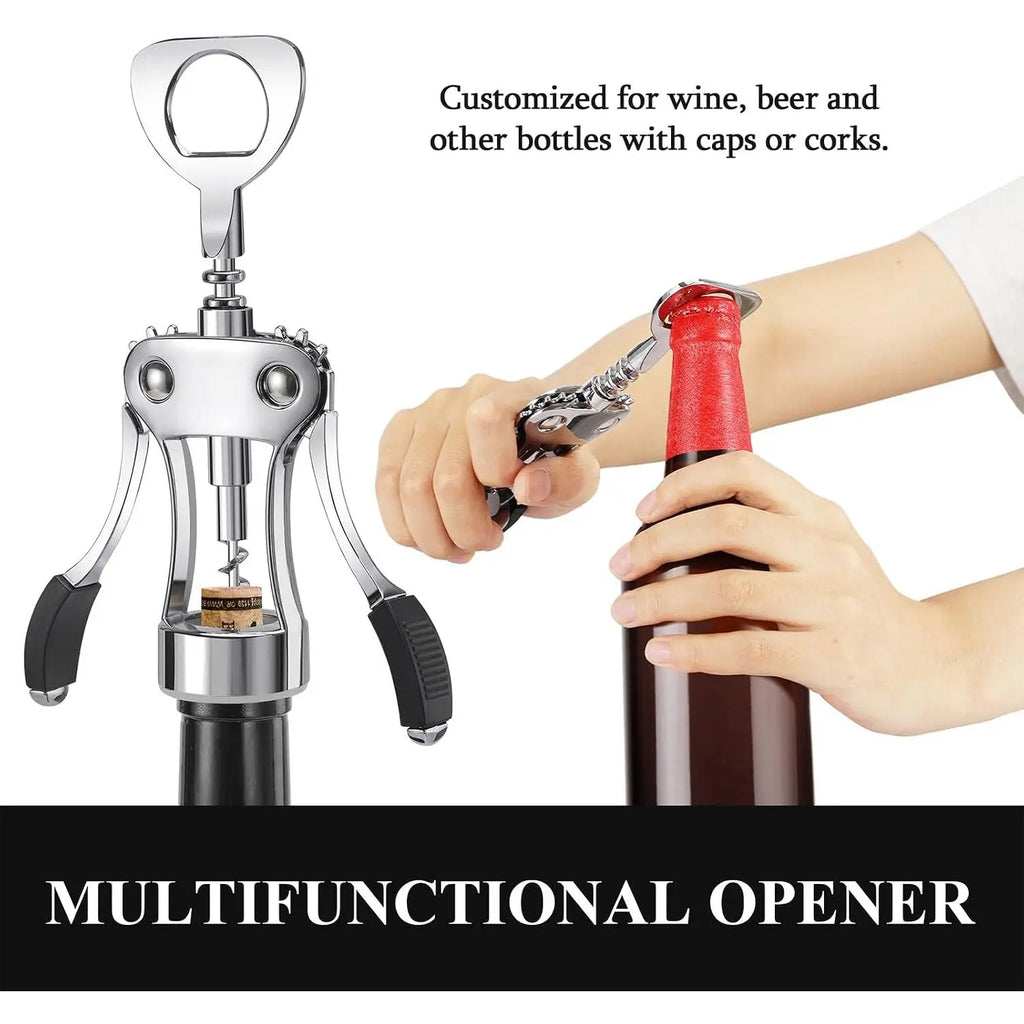 Heavy-Duty Zinc Alloy Wing Corkscrew - Multifunctional Bottle Opener with Handle and Screw