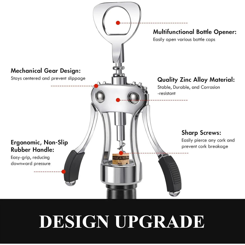 Heavy-Duty Zinc Alloy Wing Corkscrew - Multifunctional Bottle Opener with Handle and Screw