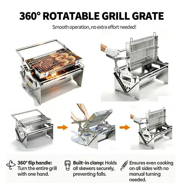 Flip Rotatable BBQ Grill｜Portable Foldable Stainless Steel｜Camping Picnic Outdoor Grill